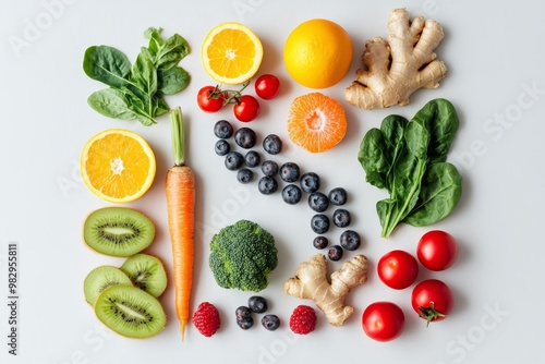 A vibrant display of fresh fruits and vegetables arranged artistically on a light background showcasing health and freshness