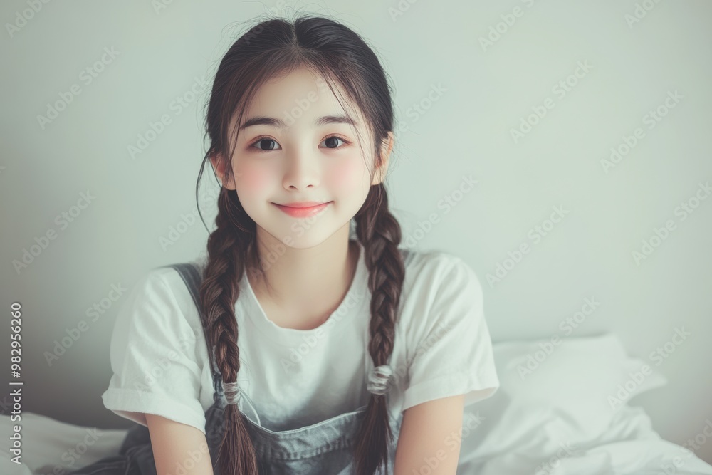 A joyful, braided Asian girl jumps energetically on a bed in a cozy room, reflecting the playful spirit that is perfect for promoting children’s products or family-oriented content. A joyful, braided Asian girl jumps energetically on a bed in a cozy room, reflecting the playful spirit that is perfect for promoting children’s products or family-oriented content.