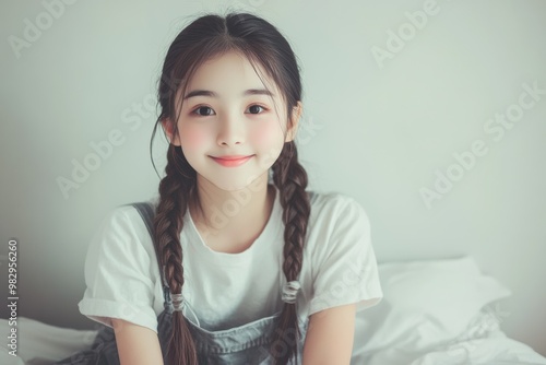 A joyful, braided Asian girl jumps energetically on a bed in a cozy room, reflecting the playful spirit that is perfect for promoting children’s products or family-oriented content. photo