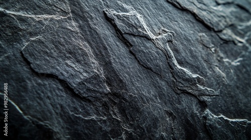 A close-up photo shows the dark, textured surface of a natural slate stone. The stone has subtle swirls and patterns, like marble.