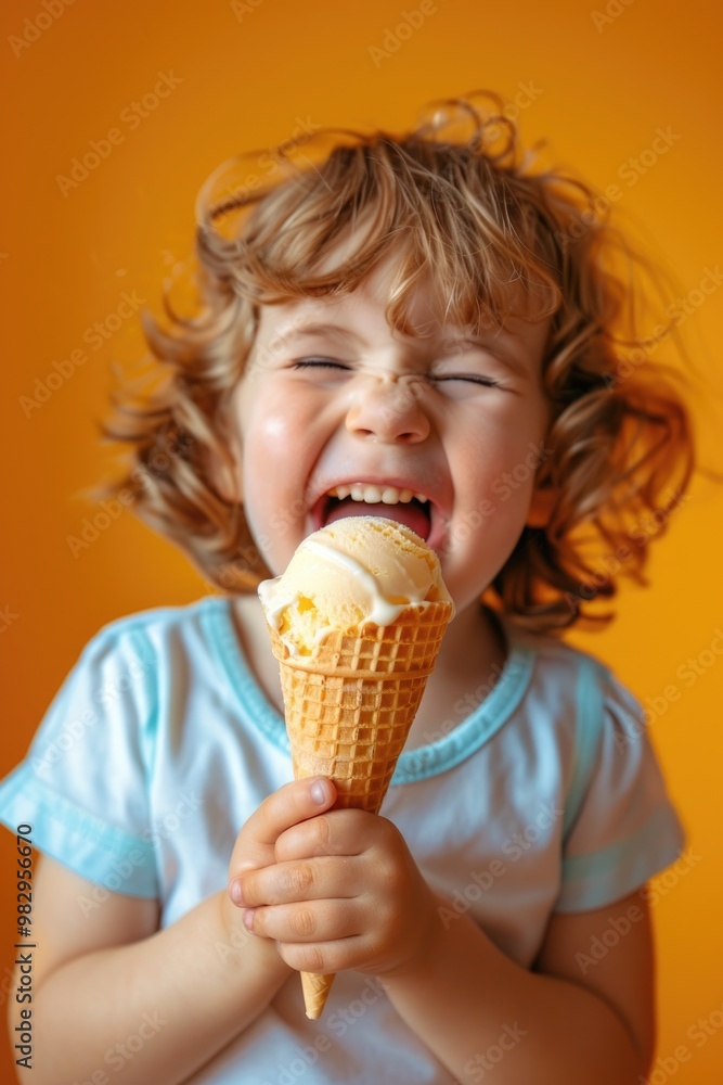 Joyful Child Eating Ice Cream Cone Against Colorful Background Joyful Child Eating Ice Cream Cone Against Colorful Background