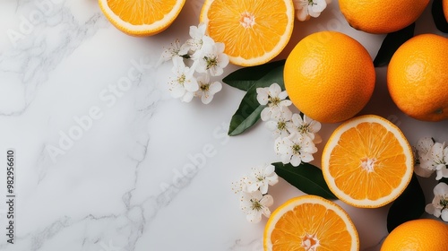 A fresh and artistic close-up of whole and sliced oranges accompanied by delicate white blossoms, all laid out on a pristine marble background, capturing the essence of citrus freshness and floral el photo