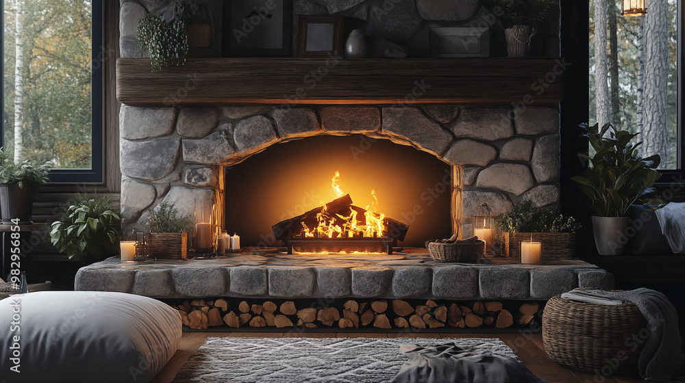 Cozy stone fireplace with burning logs in rustic cabin interior Stock ...