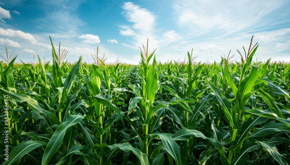 A vast field of GMO corn plants, towering above traditional crops, with fuller, more robust ears of corn showcasing enhanced yield through biotechnology. A vast field of GMO corn plants, towering above traditional crops, with fuller, more robust ears of corn showcasing enhanced yield through biotechnology.