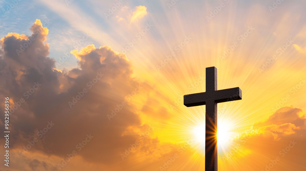 A cross stands prominently in center of bright sunburst, surrounded by dramatic clouds and vibrant sunset. scene evokes sense of peace and spirituality A cross stands prominently in center of bright sunburst, surrounded by dramatic clouds and vibrant sunset. scene evokes sense of peace and spirituality