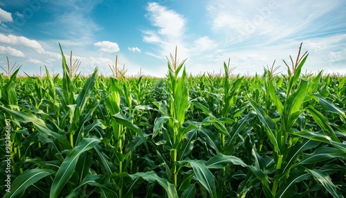 A vast field of GMO corn plants, towering above traditional crops, with fuller, more robust ears of corn showcasing enhanced yield through biotechnology.