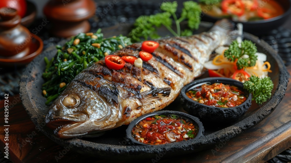 Jimbaran Grilled Seafood or A Balinese dish in the form of charcoal grilled fish, served with Plecing Kangkung and three kinds of chili sauce, Sambal Matah, Sambal Kecap and Sambal Terasi. Jimbaran Grilled Seafood or A Balinese dish in the form of charcoal grilled fish, served with Plecing Kangkung and three kinds of chili sauce, Sambal Matah, Sambal Kecap and Sambal Terasi.