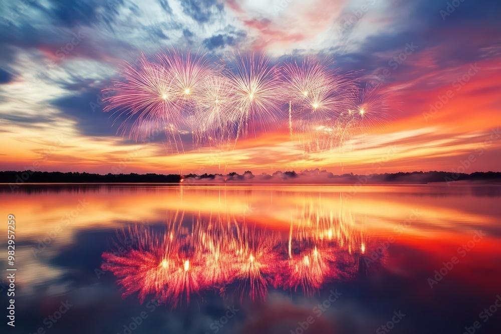 Vibrant Fireworks Reflecting on Lake at Sunset for Diwali Vibrant Fireworks Reflecting on Lake at Sunset for Diwali