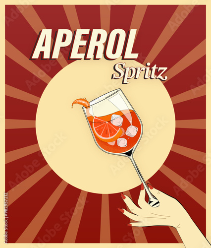 Woman hand holding glass of spritz cocktail with orange slice on pop art background