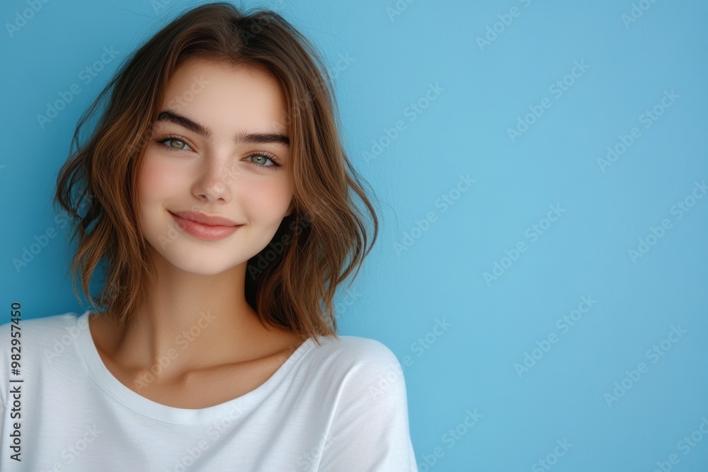 A Cute Caucasian woman with a radiant smile and white shirt stands confidently against a turquoise background, her charm and beauty shining through. A Cute Caucasian woman with a radiant smile and white shirt stands confidently against a turquoise background, her charm and beauty shining through.
