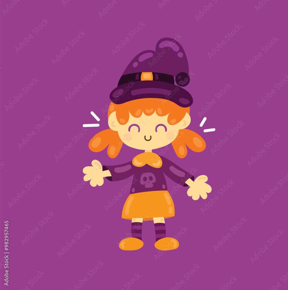 cute little girl in witch costume for Halloween smiling