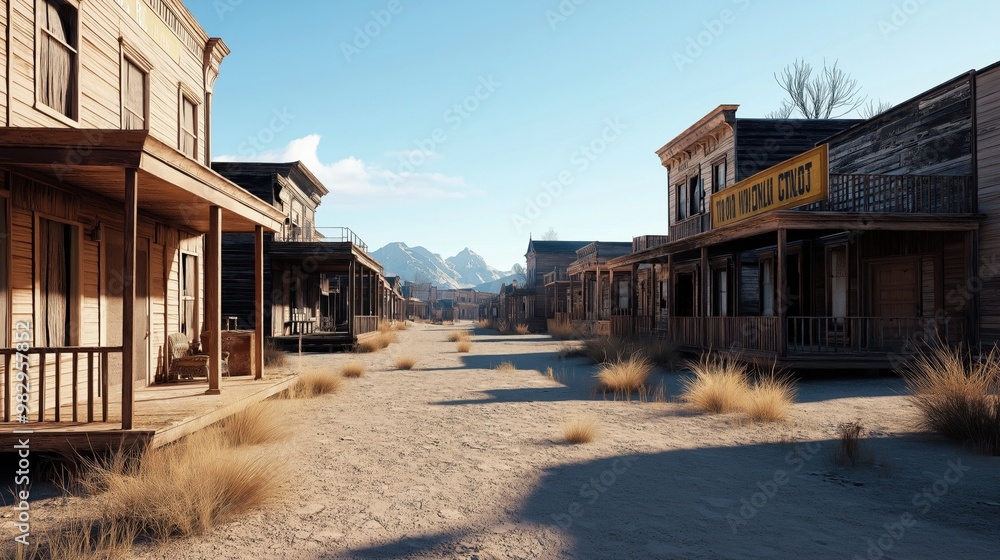 An empty, dusty street of an old Western town with wooden buildings, wooden porches, and a mountainous background, giving a historical or cinematic feel. An empty, dusty street of an old Western town with wooden buildings, wooden porches, and a mountainous background, giving a historical or cinematic feel.