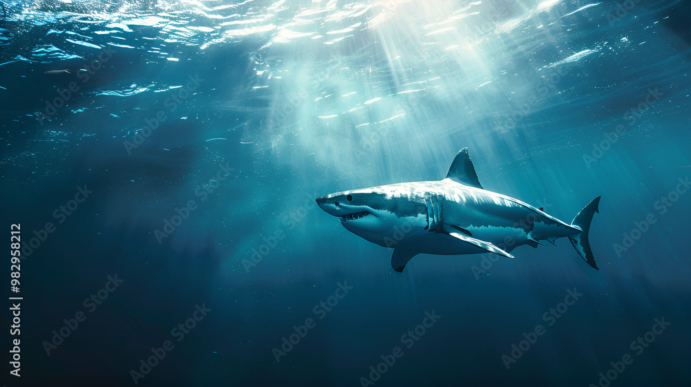 A grey shark swimming in the blue Caribbean waters near a coral reef A grey shark swimming in the blue Caribbean waters near a coral reef