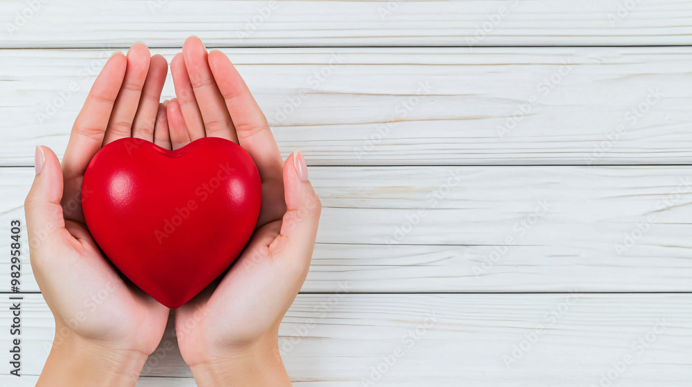 Hands gently holding red heart, symbolizing love and care, against light wooden background. This image evokes warmth and affection, perfect for expressing heartfelt emotions Hands gently holding red heart, symbolizing love and care, against light wooden background. This image evokes warmth and affection, perfect for expressing heartfelt emotions