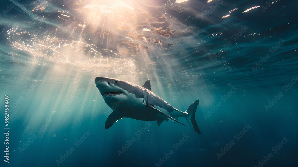 A grey shark swimming through a blue ocean near a coral reef, showcasing its powerful presence in the underwater world A grey shark swimming through a blue ocean near a coral reef, showcasing its powerful presence in the underwater world