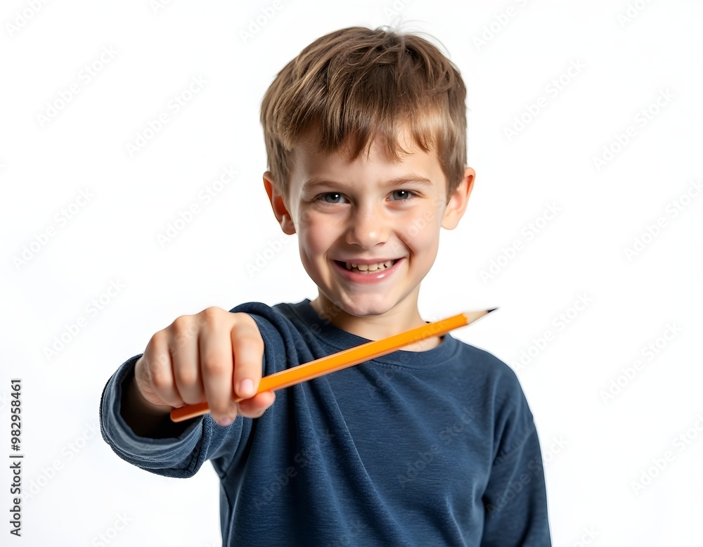 Child Boy Holding Pencil Isolated on White Background for Education and Learning Themes Child Boy Holding Pencil Isolated on White Background for Education and Learning Themes