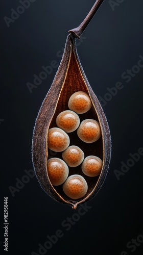 An extreme close-up of a seed pod split in half, exposing smooth, spherical GMO seeds with vibrant, unnatural hues, highlighting genetic modification. photo