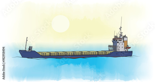 Vector graphic illustration of a modern cargo ship