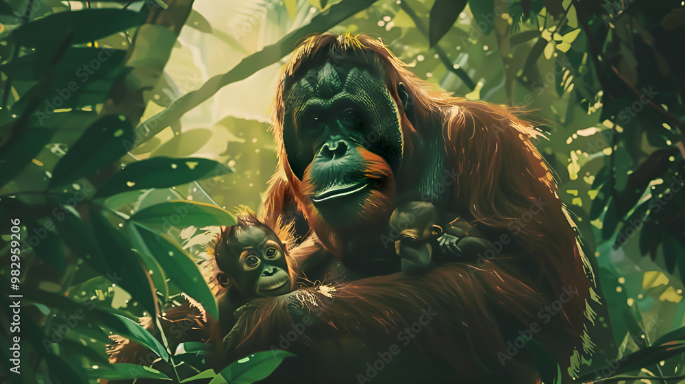 Obraz premium Guardians of the Emerald Embrace: A majestic orangutan mother cradles her young amidst the vibrant foliage of a sun-dappled rainforest.