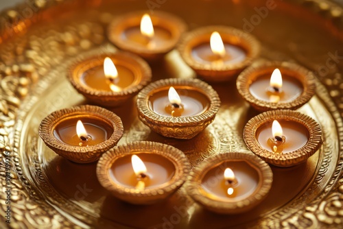 Golden Diyas on Plate for Diwali