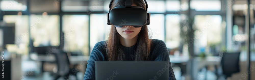 A businesswoman utilizes a virtual reality simulator at her laptop in a modern office setting A businesswoman utilizes a virtual reality simulator at her laptop in a modern office setting