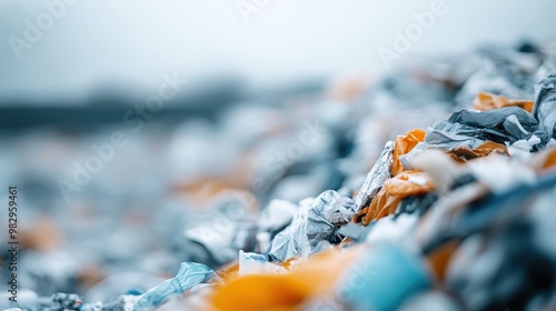 This image shows a detailed view of colorful waste piled in a garbage dump, highlighting the environmental issue of pollution and the accumulation of non-biodegradable materials. photo