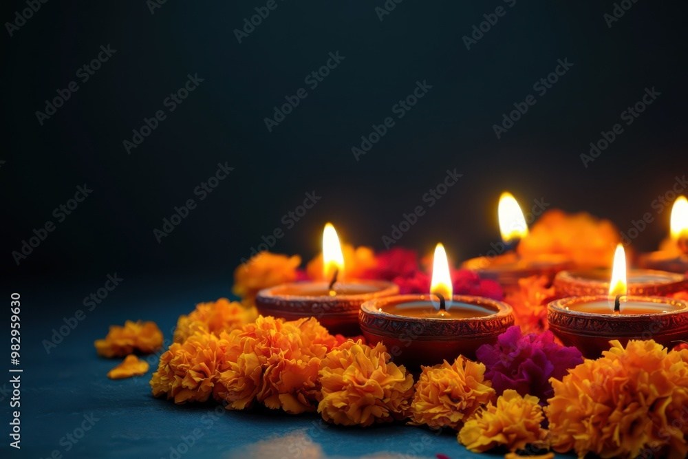 Traditional Diwali Decor with Diyas and Marigolds Traditional Diwali Decor with Diyas and Marigolds