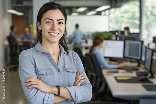 Smiling businesswoman standing confidently with arms crossed in an office environment.