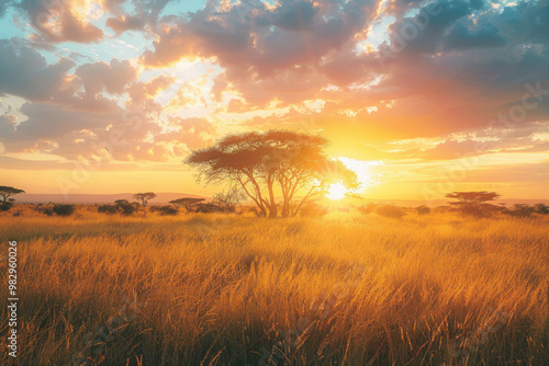 A tree is in the middle of a field with a bright sun in the sky