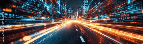 Digital data speeds down a road, showcasing agile technology and innovation