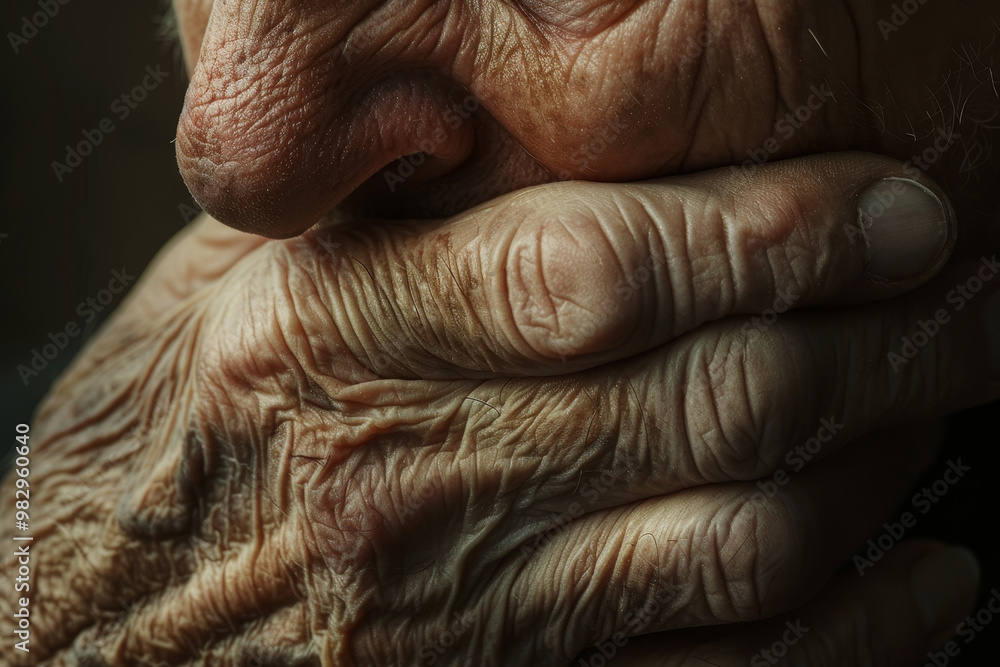 A man's face is wrinkled and his hands are clasped together A man's face is wrinkled and his hands are clasped together