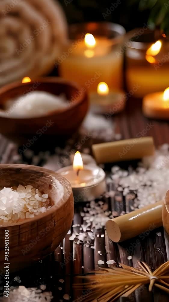Spa setting with sea salt in wooden bowls, candles, and warm relaxing ambiance Spa setting with sea salt in wooden bowls, candles, and warm relaxing ambiance