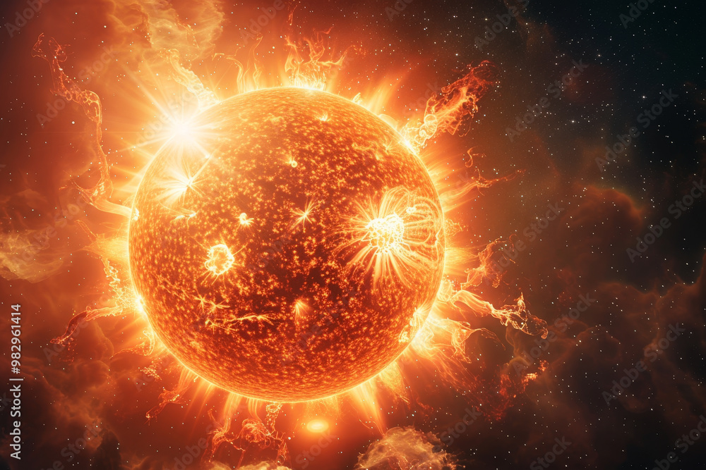 Obraz premium A bright orange sun is surrounded by a cloud of dust and gas