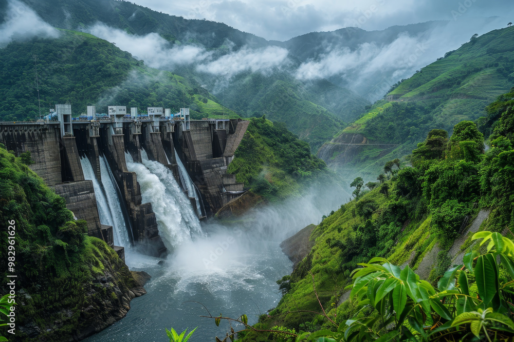 A waterfall is flowing into a river in a lush green valley A waterfall is flowing into a river in a lush green valley