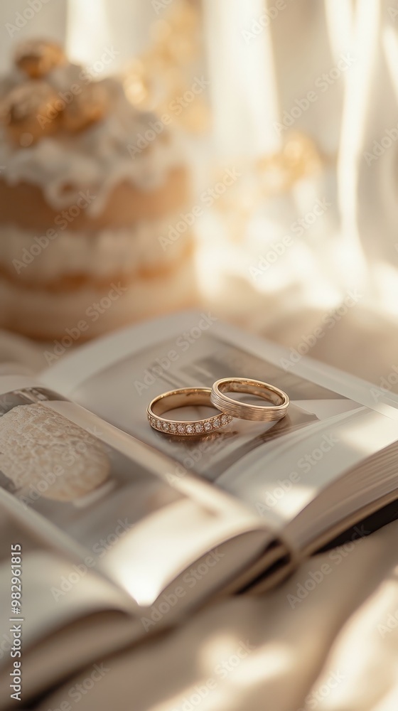 Two gold rings are on top of an open book Two gold rings are on top of an open book