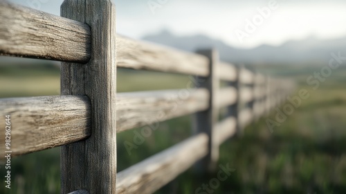 A captivating image of a wooden fence stretching into the distance, blending harmoniously with the scenic, natural landscape, evoking a sense of tranquility and openness.