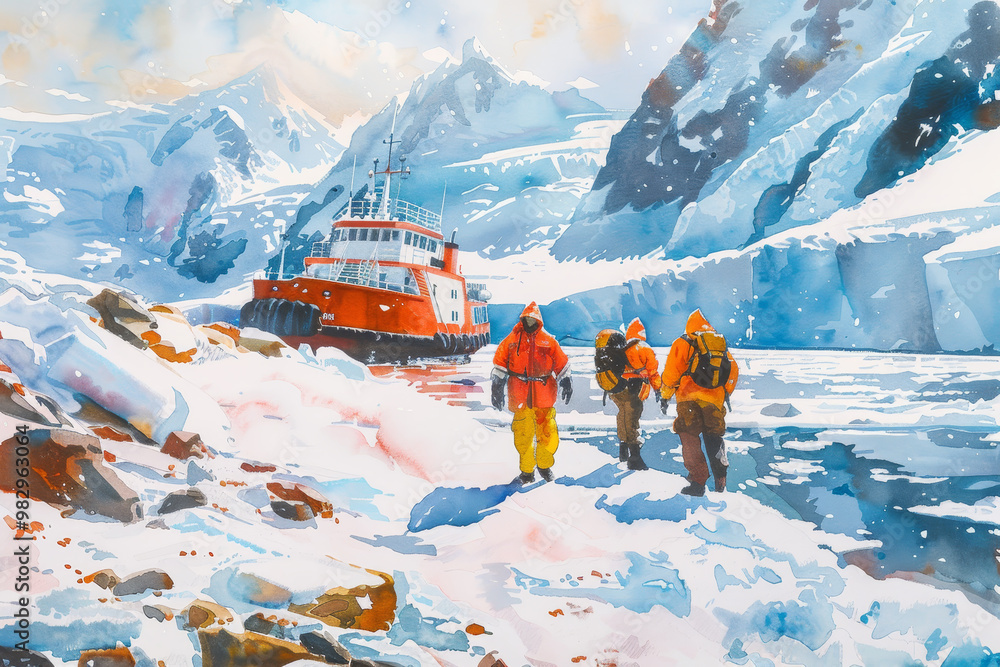 A painting of a group of men walking on a snowy mountain next to a boat A painting of a group of men walking on a snowy mountain next to a boat