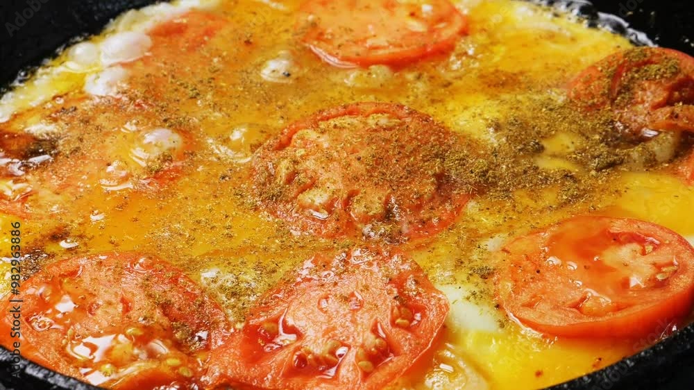 Fried eggs with tomatoes and onions in a frying pan. Medium shot.
