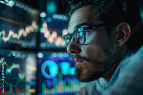 A man is looking at a computer screen with multiple graphs and charts