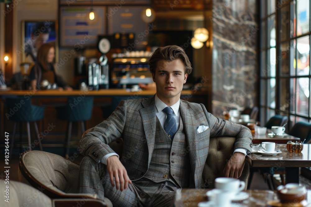 A man in a suit and tie sits in a chair at a cafe A man in a suit and tie sits in a chair at a cafe