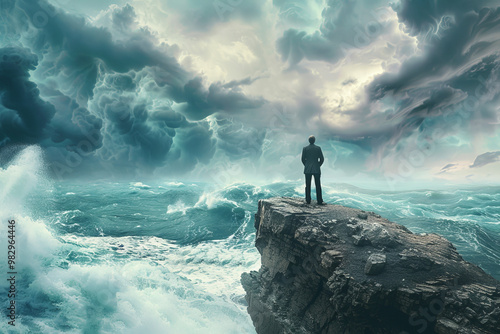 A man stands on a rock overlooking a large body of water