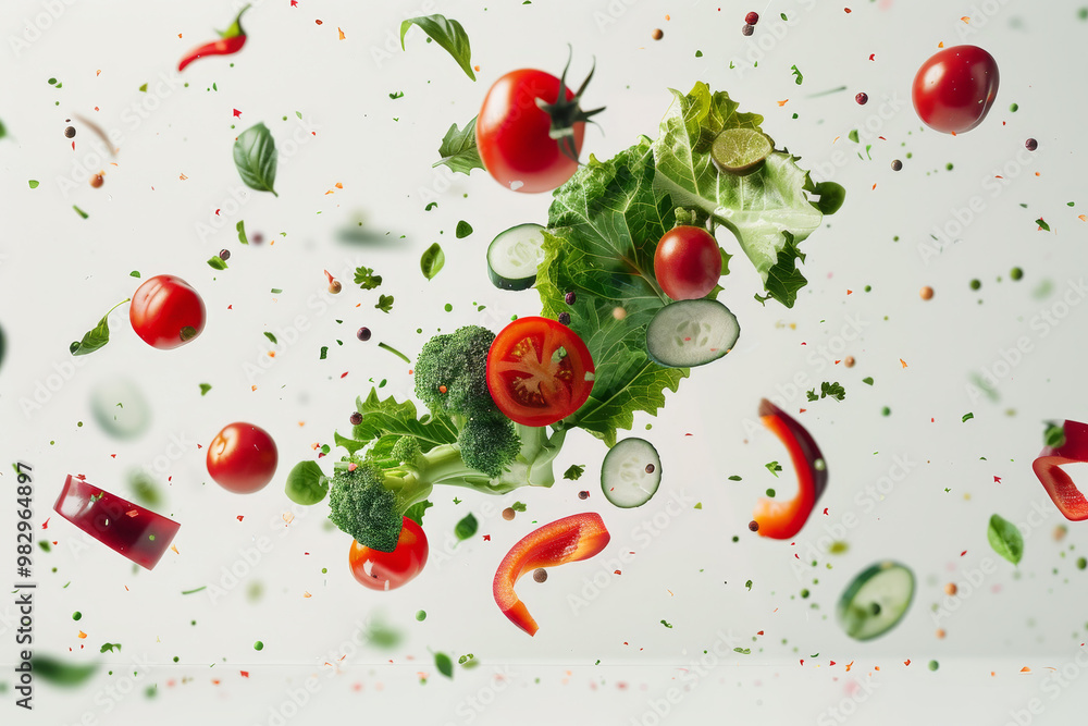 A colorful salad with a variety of vegetables including tomatoes, broccoli A colorful salad with a variety of vegetables including tomatoes, broccoli