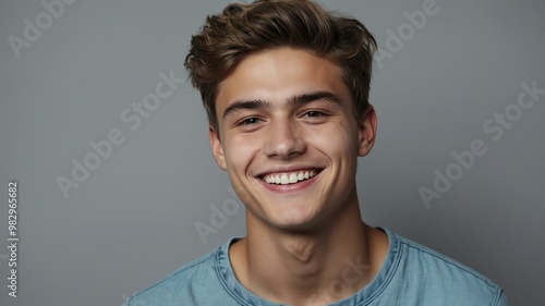 teenage european man on pastel gray background model close-up smiling with beautiful teeth for ad concept space for text