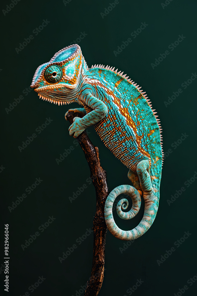 Fototapeta premium Vibrant Blue Chameleon on Branch – Close-Up Wildlife Photography