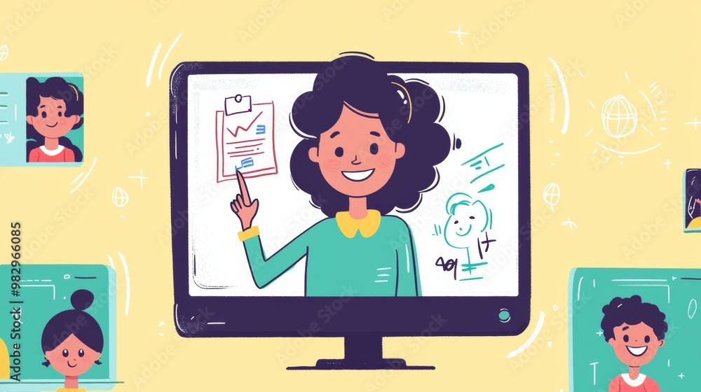 Joyful teacher engages with diverse students in a virtual classroom, teaching a lesson online. This colorful illustration captures the essence of remote learning during the pandemic Joyful teacher engages with diverse students in a virtual classroom, teaching a lesson online. This colorful illustration captures the essence of remote learning during the pandemic