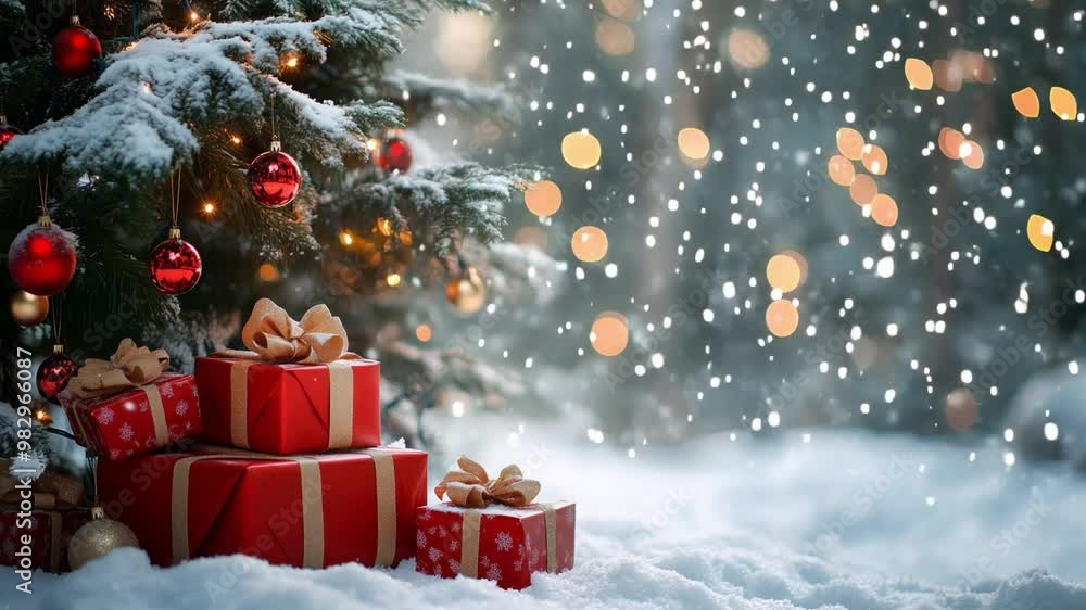 Presents wrapped in festive red paper are placed beneath a decorated tree, surrounded by snow and shimmering lights as snowflakes fall gently Presents wrapped in festive red paper are placed beneath a decorated tree, surrounded by snow and shimmering lights as snowflakes fall gently