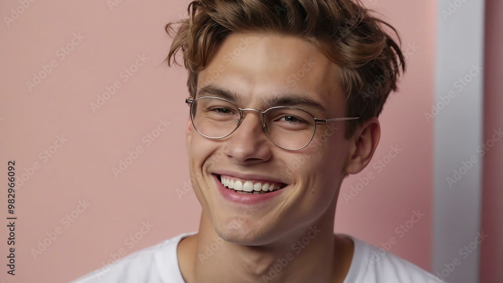 Fototapeta premium teenage caucasian man on pastel pink background model close-up smiling with beautiful teeth for ad concept space for text