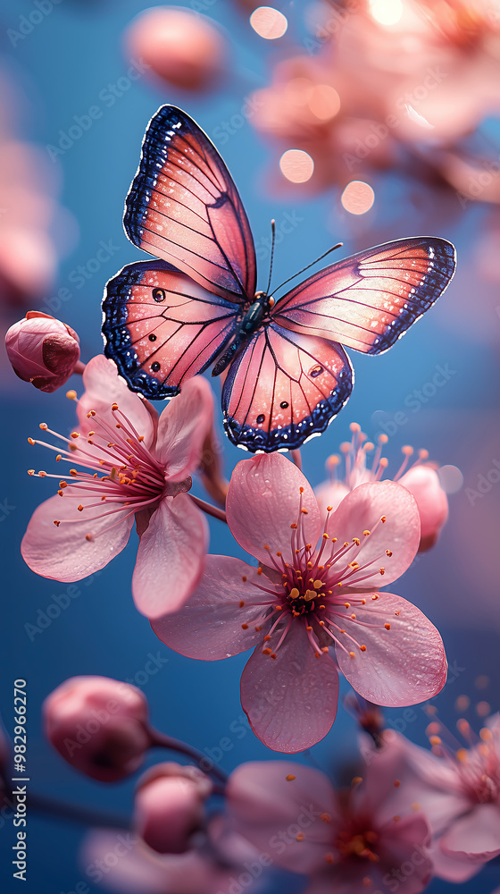 pink butterfly perched on the flowers of cherry blossoms against a blue background creating a beautiful and dreamy scene pink butterfly perched on the flowers of cherry blossoms against a blue background creating a beautiful and dreamy scene