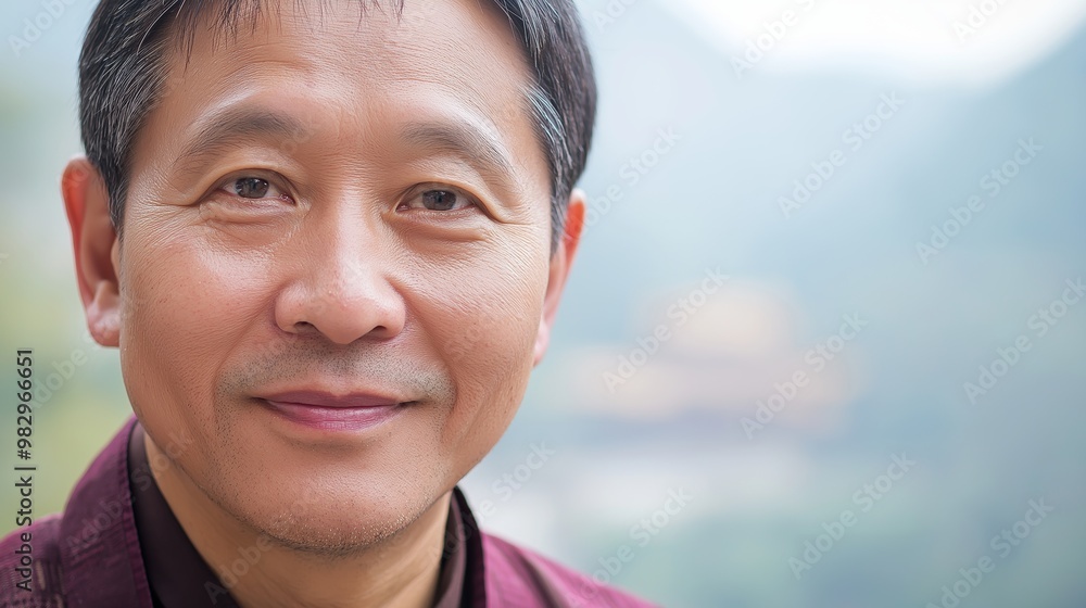 Mature asian man smiling in a close-up portrait, radiating contentment and peace outdoors Mature asian man smiling in a close-up portrait, radiating contentment and peace outdoors