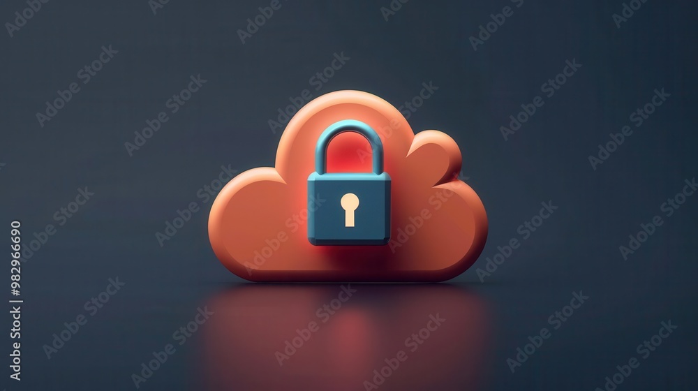 Abstract cloud icon with a padlock symbol, representing secure data protection and cybersecurity in a cloud environment, front view, futuristic tone, Triadic Color Scheme Abstract cloud icon with a padlock symbol, representing secure data protection and cybersecurity in a cloud environment, front view, futuristic tone, Triadic Color Scheme